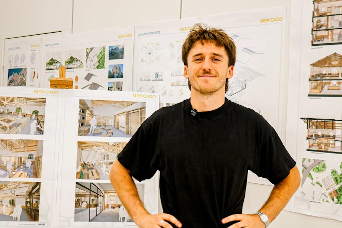 Étudiant présentant son projet d'architecture Mer-Cado au campus ESDAC Marseille